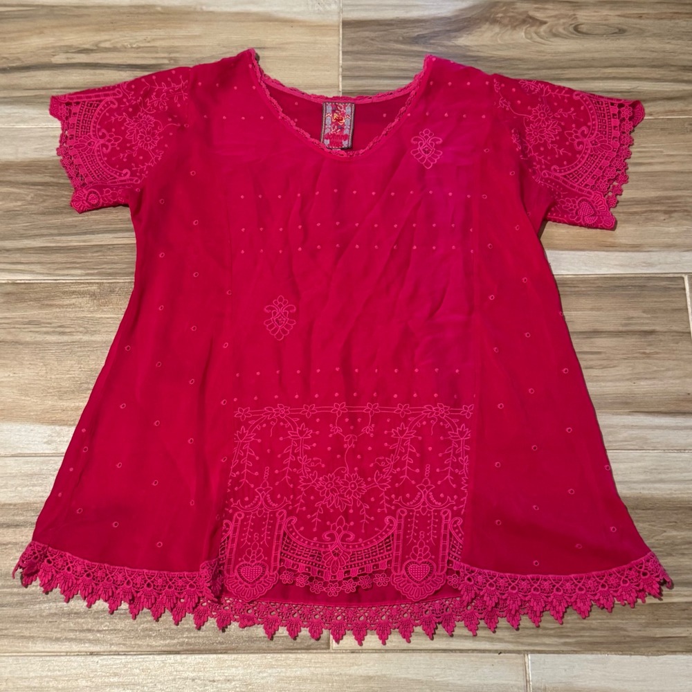 Johnny Was Magenta Pink Embroidered Silk Lace Trim Boho Blouse Top Plus Size 1X